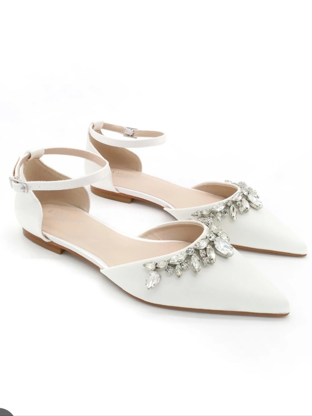 Kailee P white satin pointy toe flats teardrop rhinestone embellishment 8.5